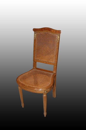 Gruppo di 5 sedie francesi stile Luigi XVI del 1800 incannate con intarsio e bronzi