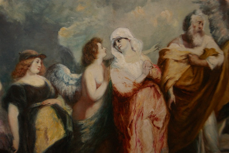 Stupendo olio su tela "L'entrata della Vergine Maria E San Giuseppe a Betlemme" F. Maury  (1861-1933)