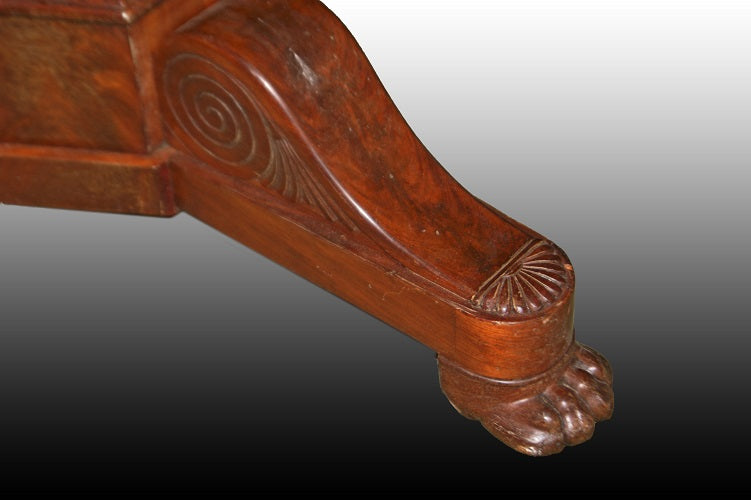 Bellissimo tavolo stile Carlo X in legno di mogano e piuma di mogano con piano in marmo