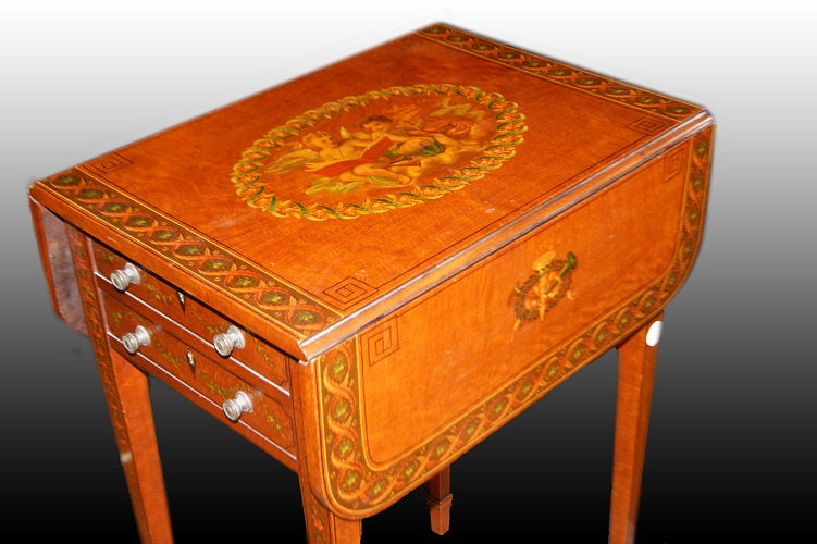 Tavolino con alette stile Sheraton del 1800 inglese con pitture