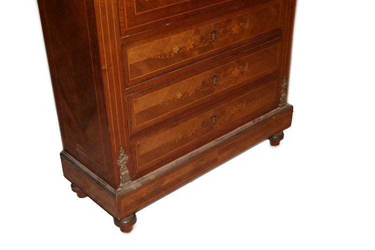 Secretaire francese stile Luigi XVI in legno di bois de rose del 1800 con marmo e intarsi