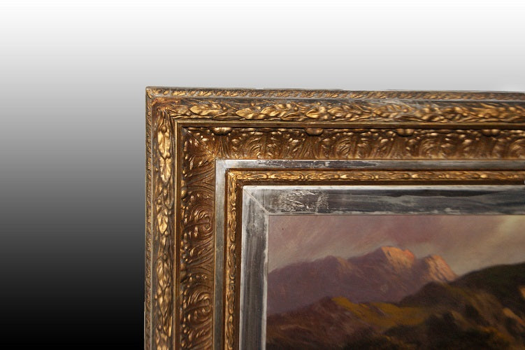 Olio su tela inglese del 1800 Paesaggio altopiani scozzesi con Buoi Highlander