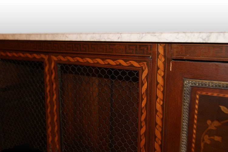 Vetrina 4 porte francese in legno di mogano riccamente intarsiata e con piano in marmo