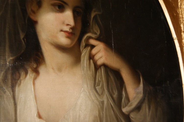 Splendido antico ritratto di nobile fanciulla francese del 1800 olio