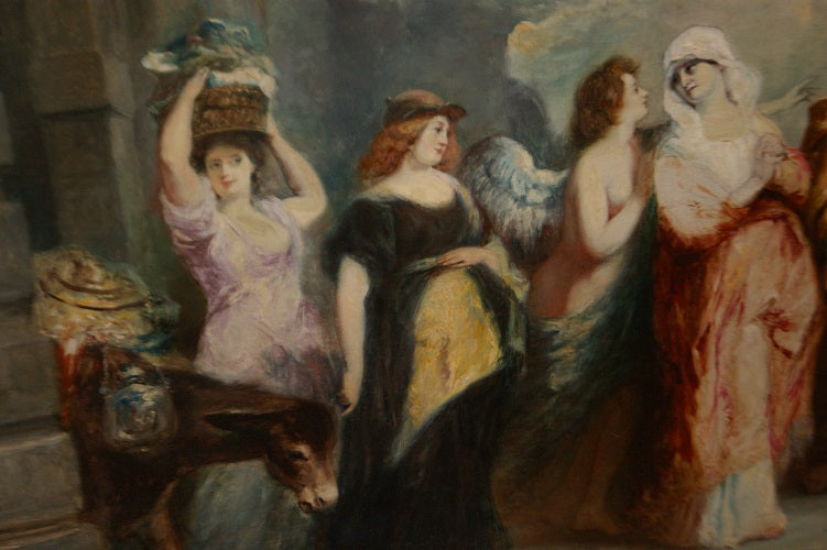 Stupendo olio su tela "L'entrata della Vergine Maria E San Giuseppe a Betlemme" F. Maury  (1861-1933)