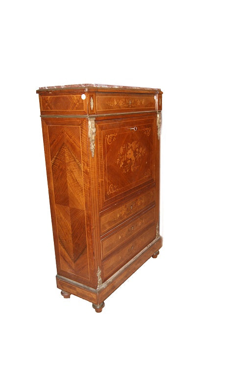 Secretaire francese stile Luigi XVI in legno di bois de rose del 1800 con marmo e intarsi