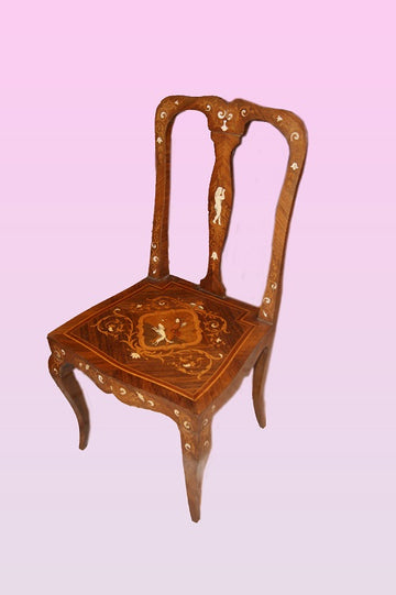 Group of 4 richly inlaid French chairs with Louis XV style table