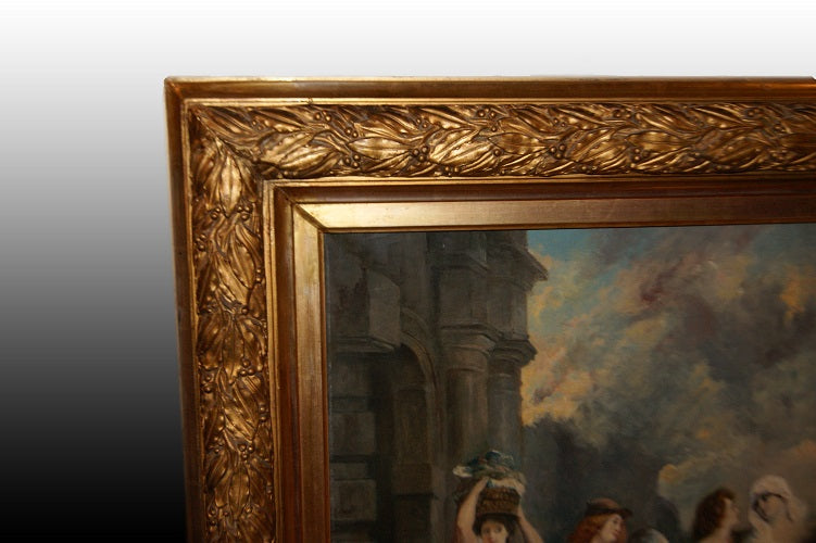 Stupendo olio su tela "L'entrata della Vergine Maria E San Giuseppe a Betlemme" F. Maury  (1861-1933)