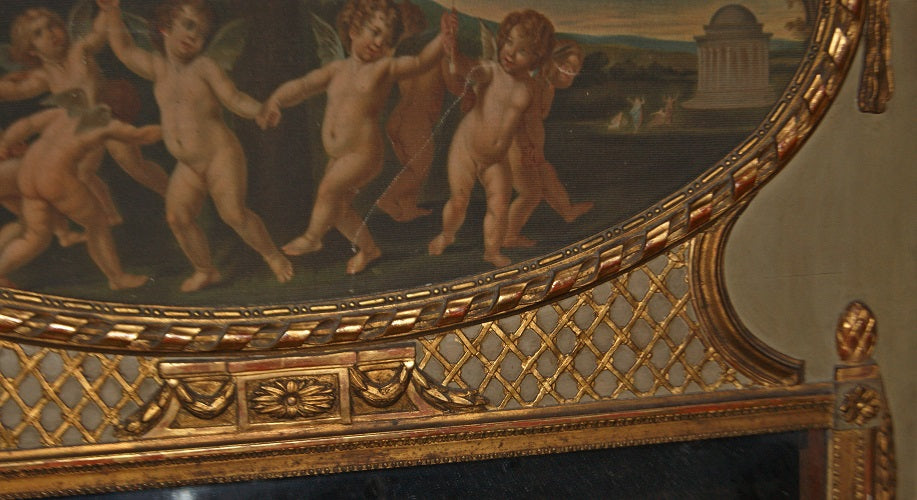 Bellissima grande caminiera francese antica stile Luigi XVI con stupendo dipinto su tela