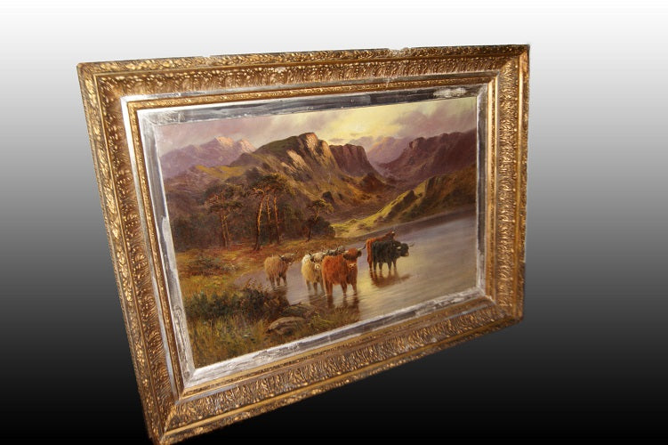Olio su tela inglese del 1800 Paesaggio altopiani scozzesi con Buoi Highlander
