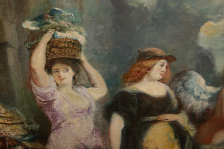 Stupendo olio su tela "L'entrata della Vergine Maria E San Giuseppe a Betlemme" F. Maury  (1861-1933)