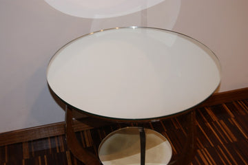 Tavolino stile Decò di inizio 1900 in legno di mogano con piani in specchio