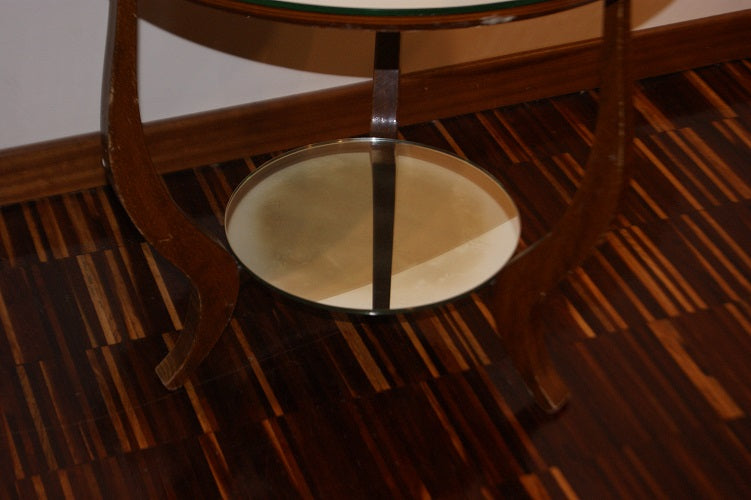Tavolino stile Decò di inizio 1900 in legno di mogano con piani in specchio